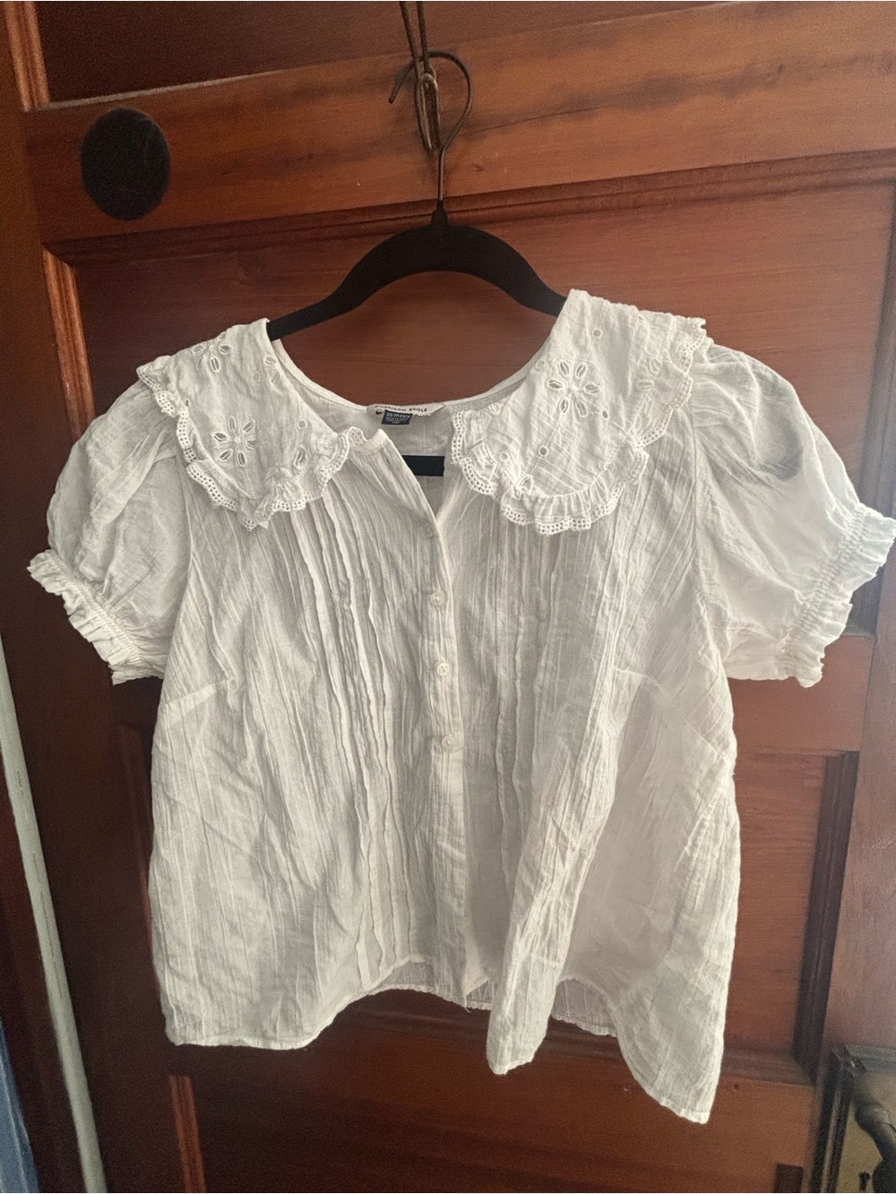 American Eagle Outfitters White Eyelet Collar Button-Up Top